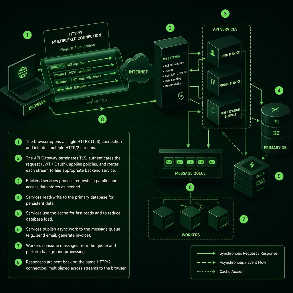 Isometric green tech diagram of HTTP/2 multiplexing with browser, API, cache, queue, and DB connected by directional arrows.