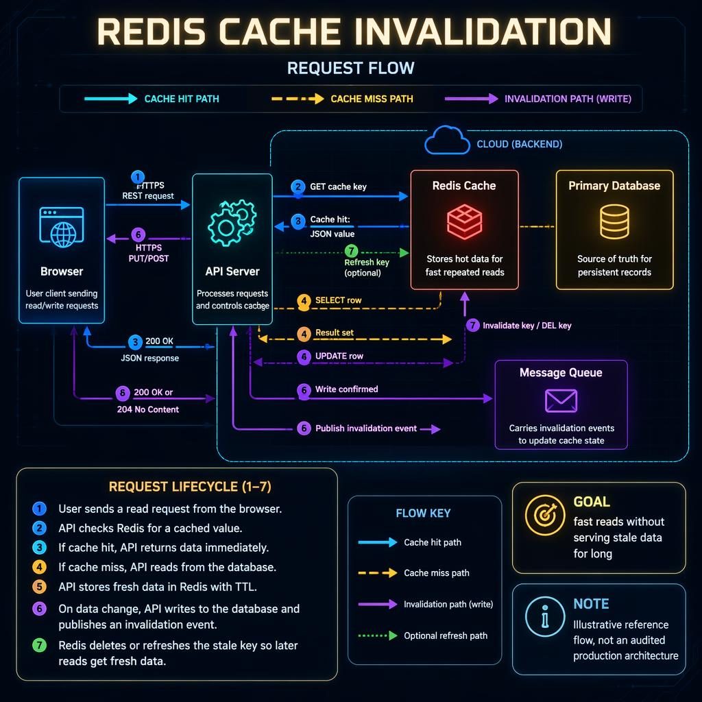 Tech infographic showing Redis cache invalidation request flow with Browser, API Server, Redis Cache, Database, Queue.