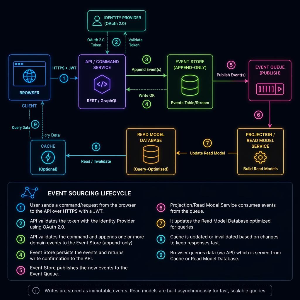 Dark-mode neon event sourcing diagram with browser, API, DB, cache, and queue boxes linked by arrows and numbered steps.