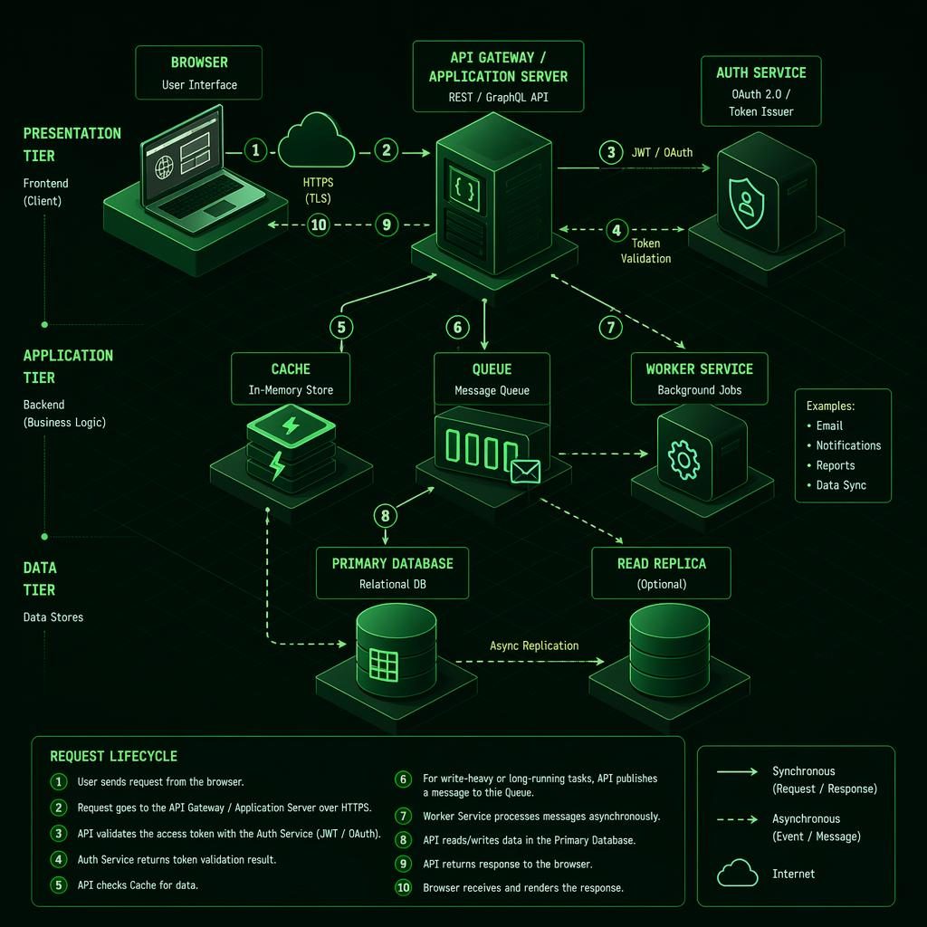 Isometric green tech diagram of a three-tier web app with browser, API, cache, queue, and DB boxes linked by arrows.