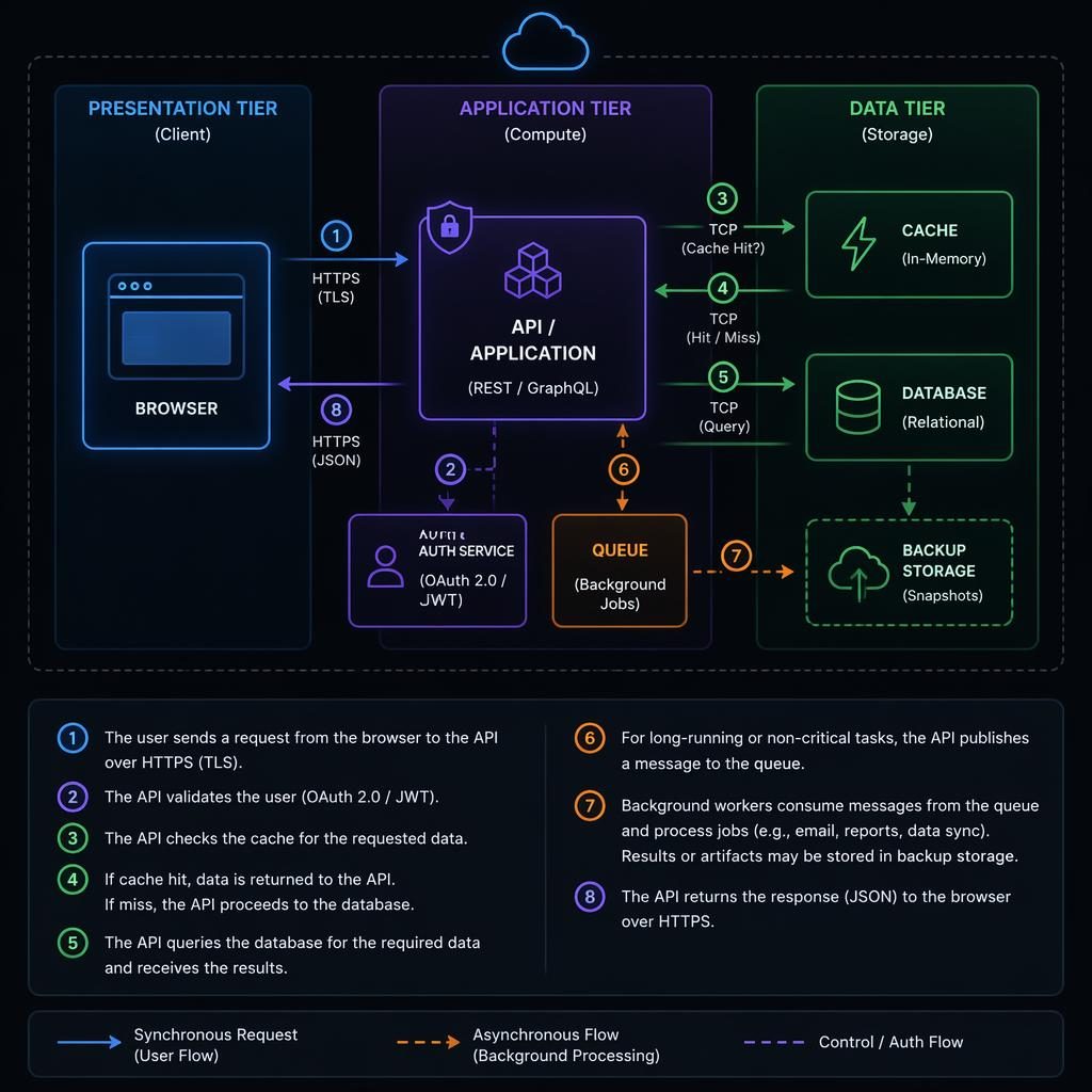 Dark-mode neon architecture diagram of a three-tier web app with browser, API, DB, cache, and queue boxes linked by arrows.
