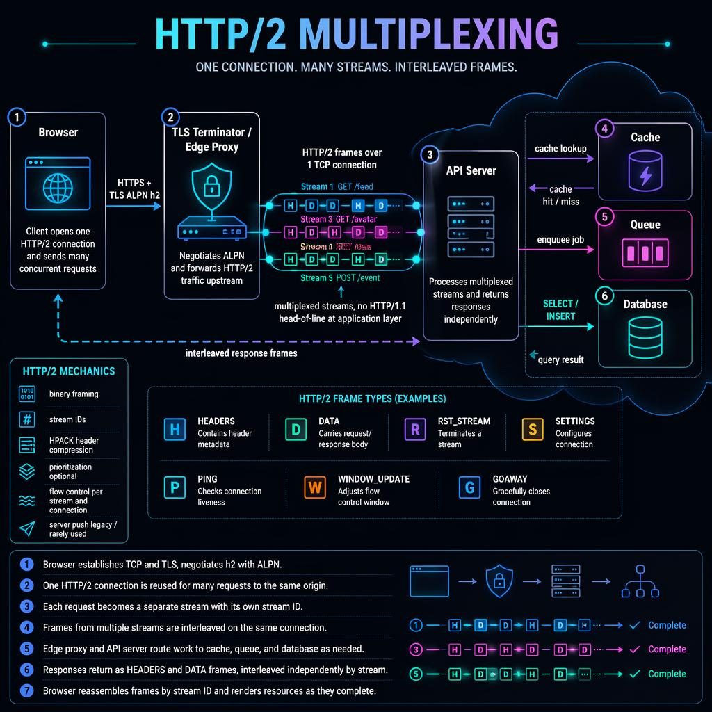 Dark-mode high level network architecture diagram of HTTP/2 multiplexing with browser, edge proxy, API server, cache, queue, and database.