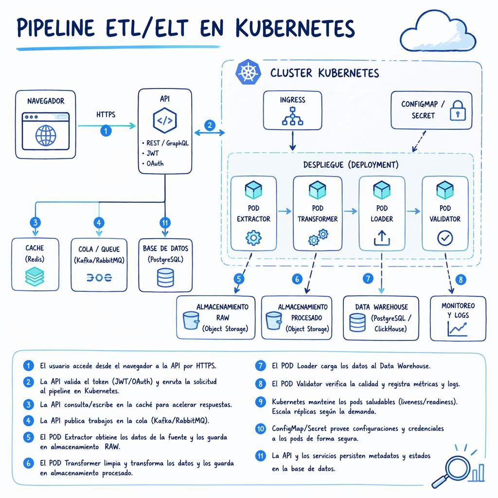 Infografía estilo pizarra con deployment en Kubernetes, cajas de browser, API, DB, cache y queue unidas con flechas.