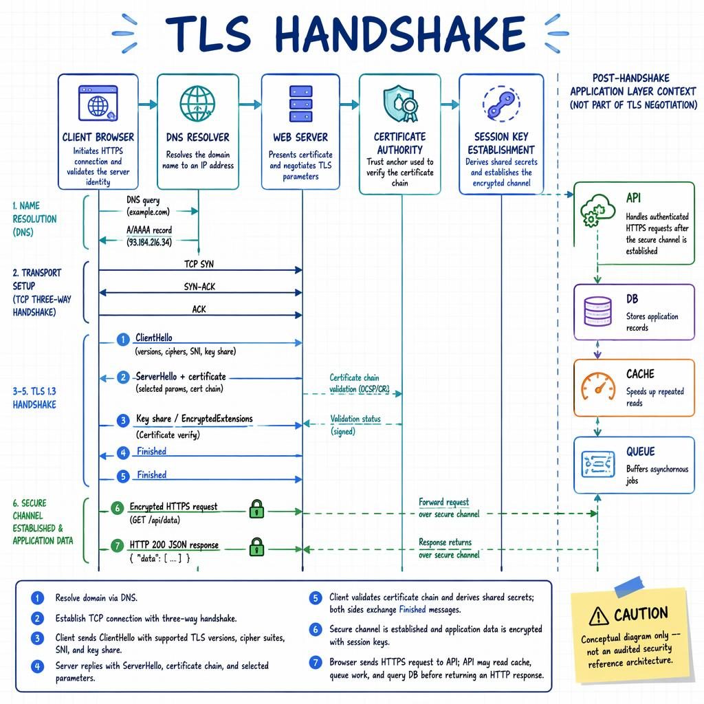 Hand-drawn tech infographic showing a TLS handshake flow with client, DNS, web server, CA, session keys, API, DB, cache, and queue.