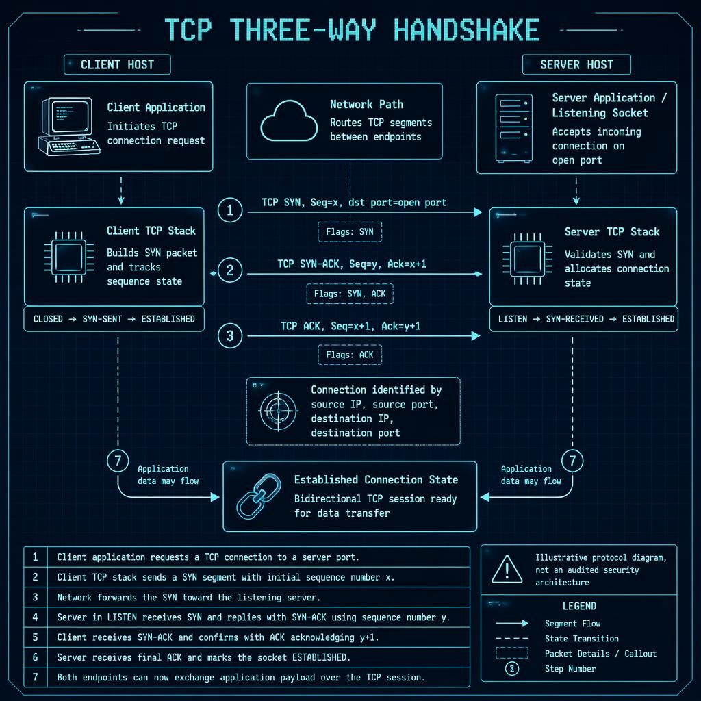 Retro blueprint-style TCP three-way handshake diagram with client, server, cloud path, arrows, TCP states, legend, and callouts.