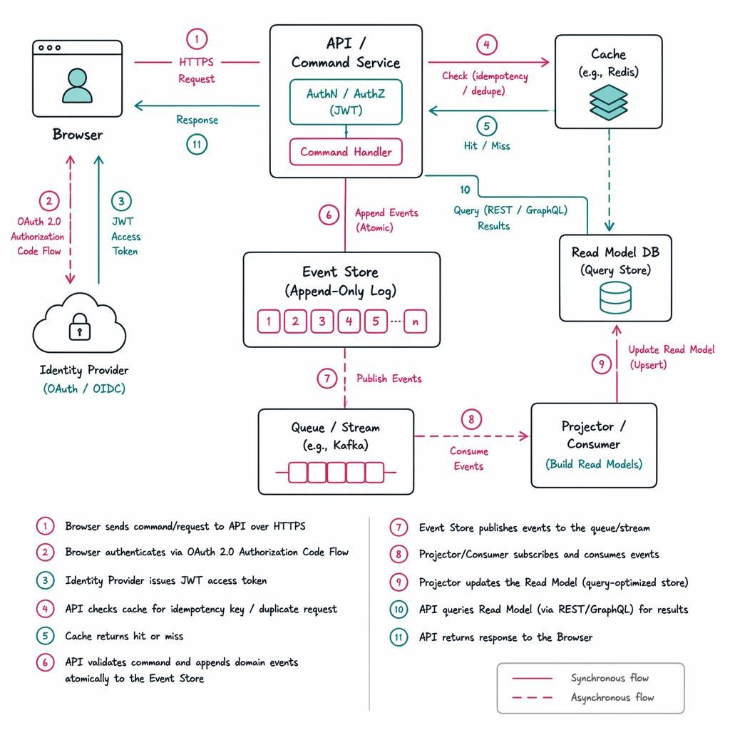 Minimal flat tech diagram of event sourcing with browser, API, DB, cache, and queue boxes linked by arrows and numbered steps.