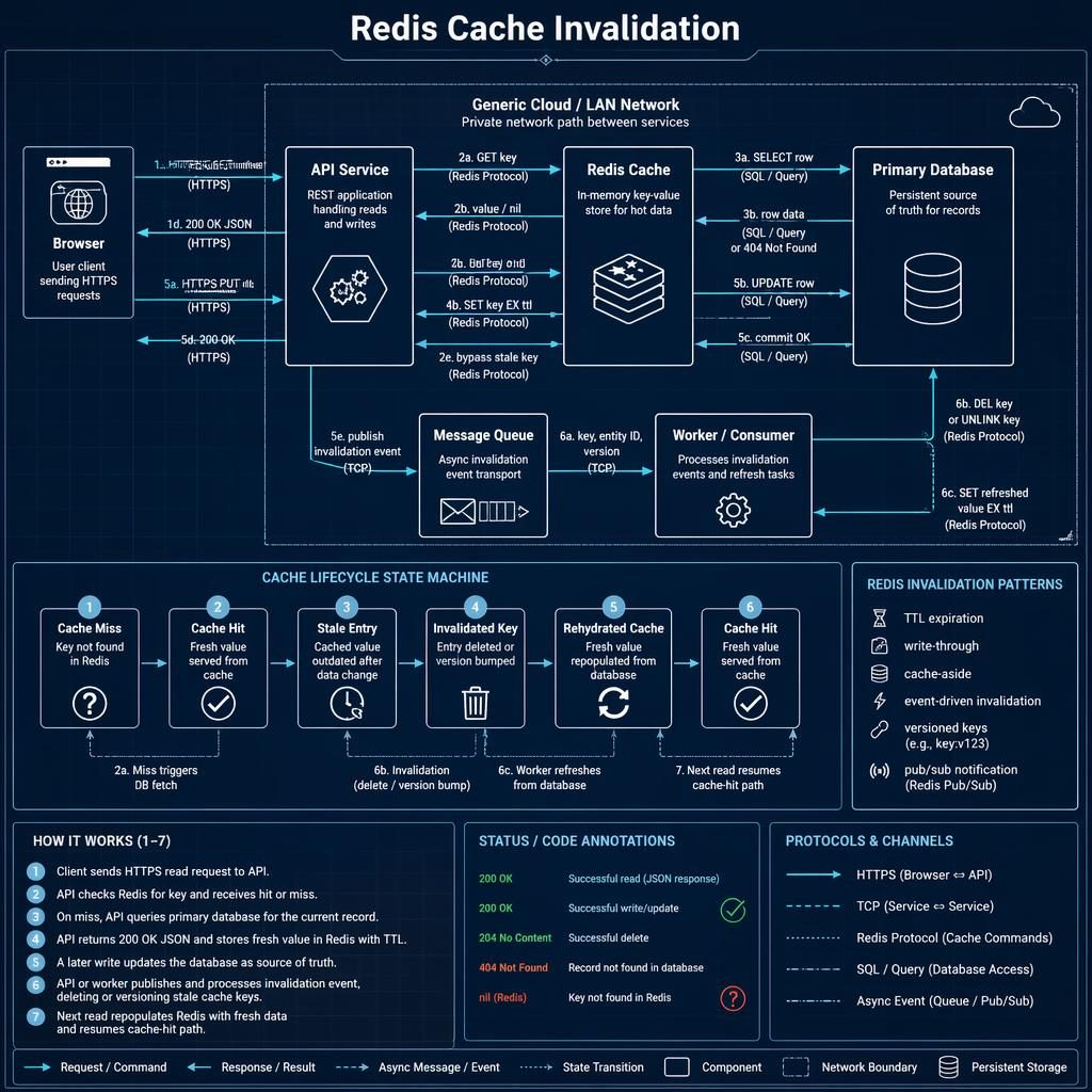 Blueprint-style Redis cache invalidation infographic with API, browser, database, queue, worker, arrows, and 1-7 lifecycle.