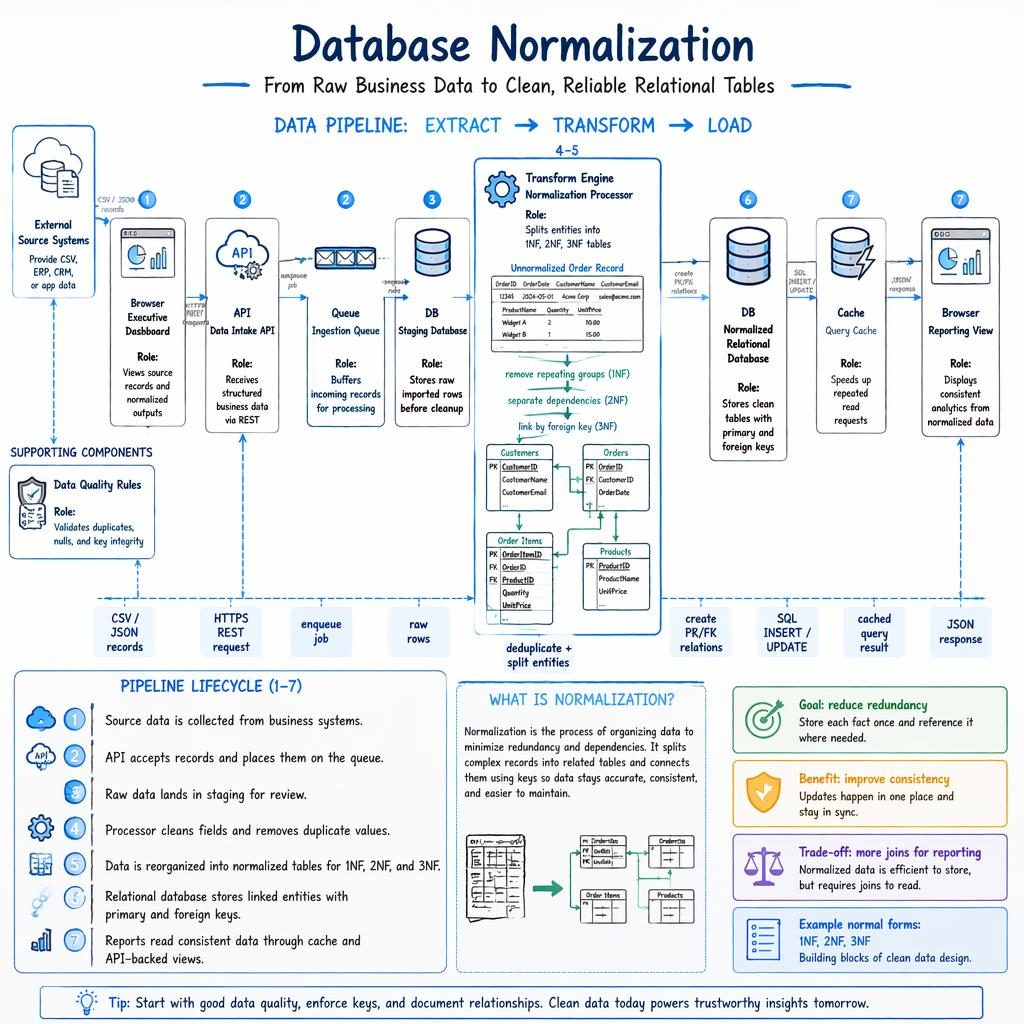 Infografía técnica tipo pizarra con flujo ETL, API, cola, bases de datos y tablas normalizadas 1NF, 2NF y 3NF.