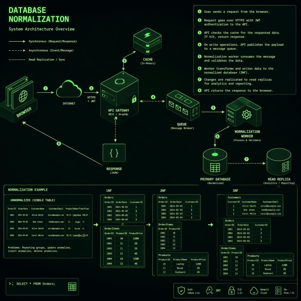 Isometric green tech diagram with browser, API, database, cache, and queue boxes linked by directional arrows and a numbered legend.