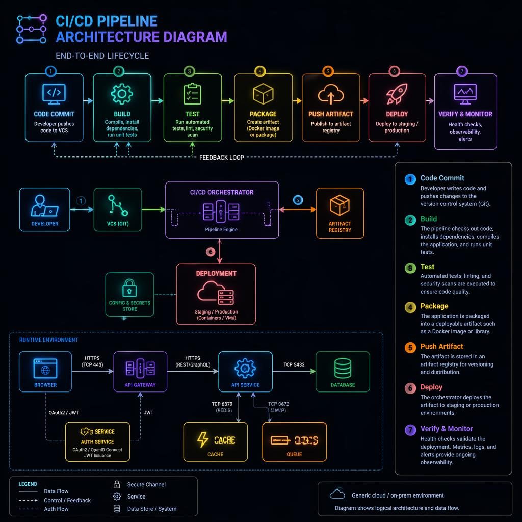 Dark-mode neon CI/CD pipeline infographic with numbered stages, generic cloud icons, and connected browser, API, DB, cache, and queue boxes.