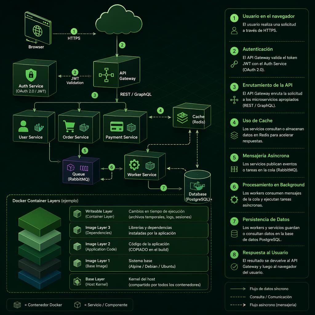 Diagrama isométrico en paleta verde con navegador, API, caché, cola y DB conectados por flechas y leyenda numerada.