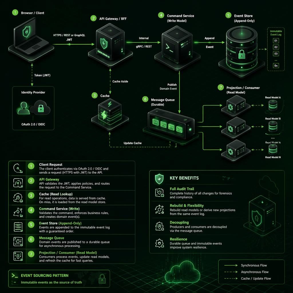 Isometric tech architecture diagram showing browser, API, queue, cache, and DB linked by arrows in a green terminal palette.