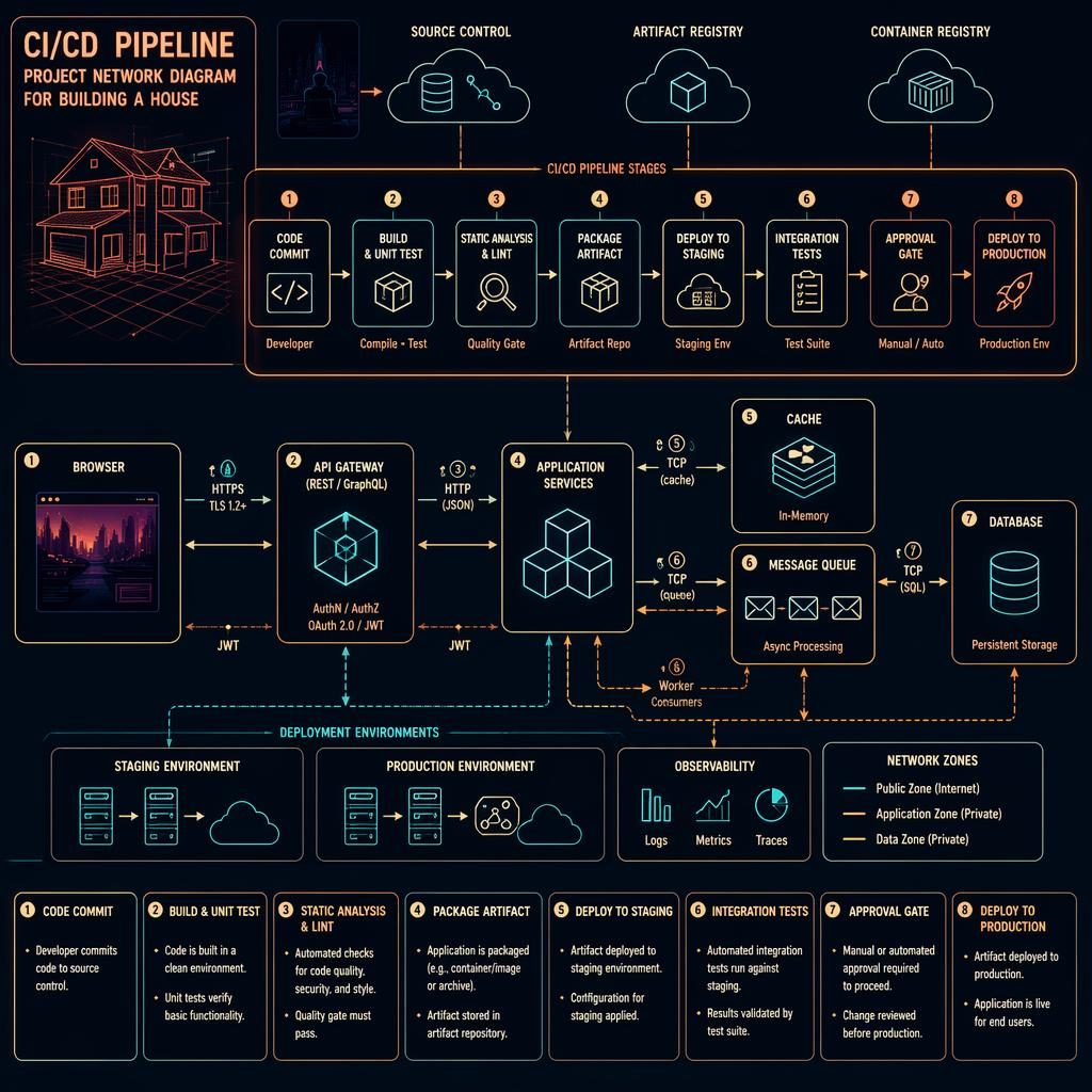 Cyberpunk neon tech infographic with browser, API, DB, cache, and queue boxes linked by arrows and a numbered legend.