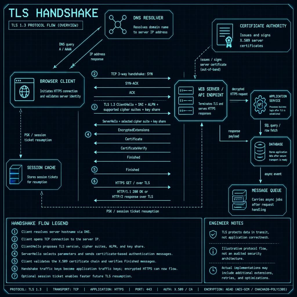 Retro blueprint-style TLS 1.3 handshake diagram in a star network layout with browser, DNS, server, CA, and flow arrows.