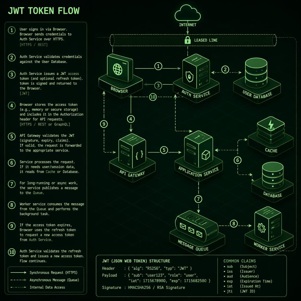 Isometric green tech diagram showing browser, API, cache, queue, and database with arrows for JWT token flow.