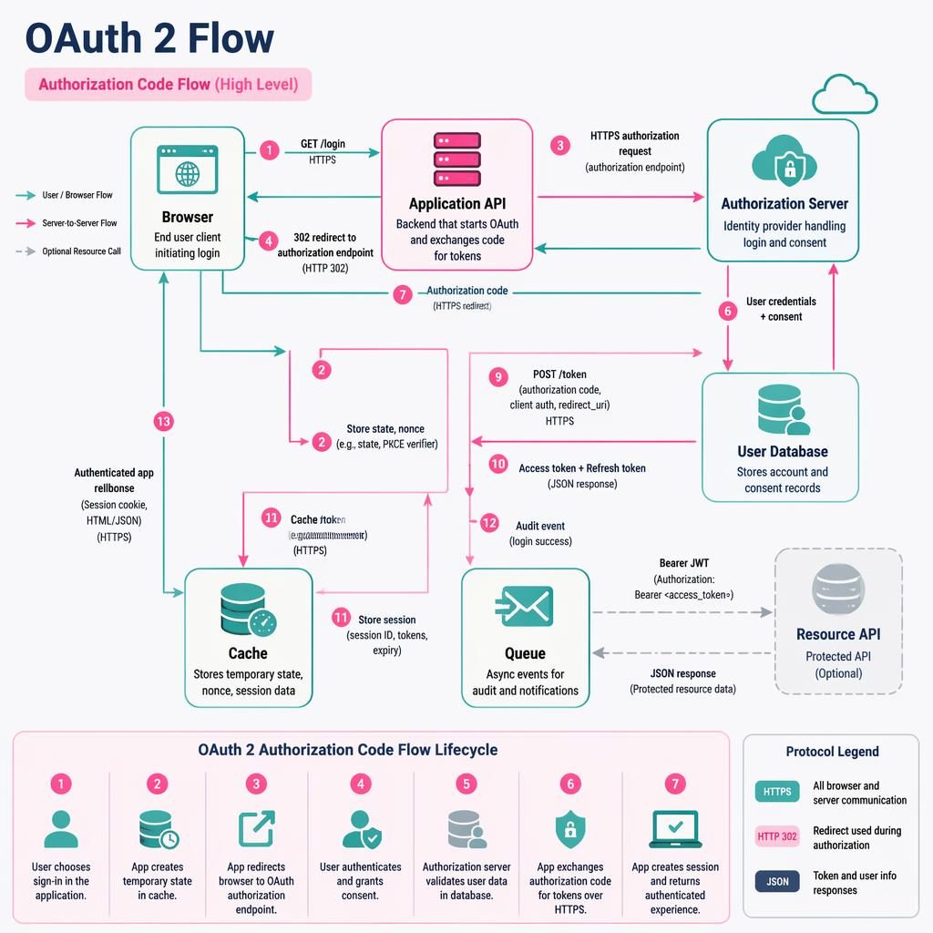 Infografía técnica vectorial del flujo OAuth 2 con cajas, flechas numeradas, API, navegador, caché, cola y servidor.