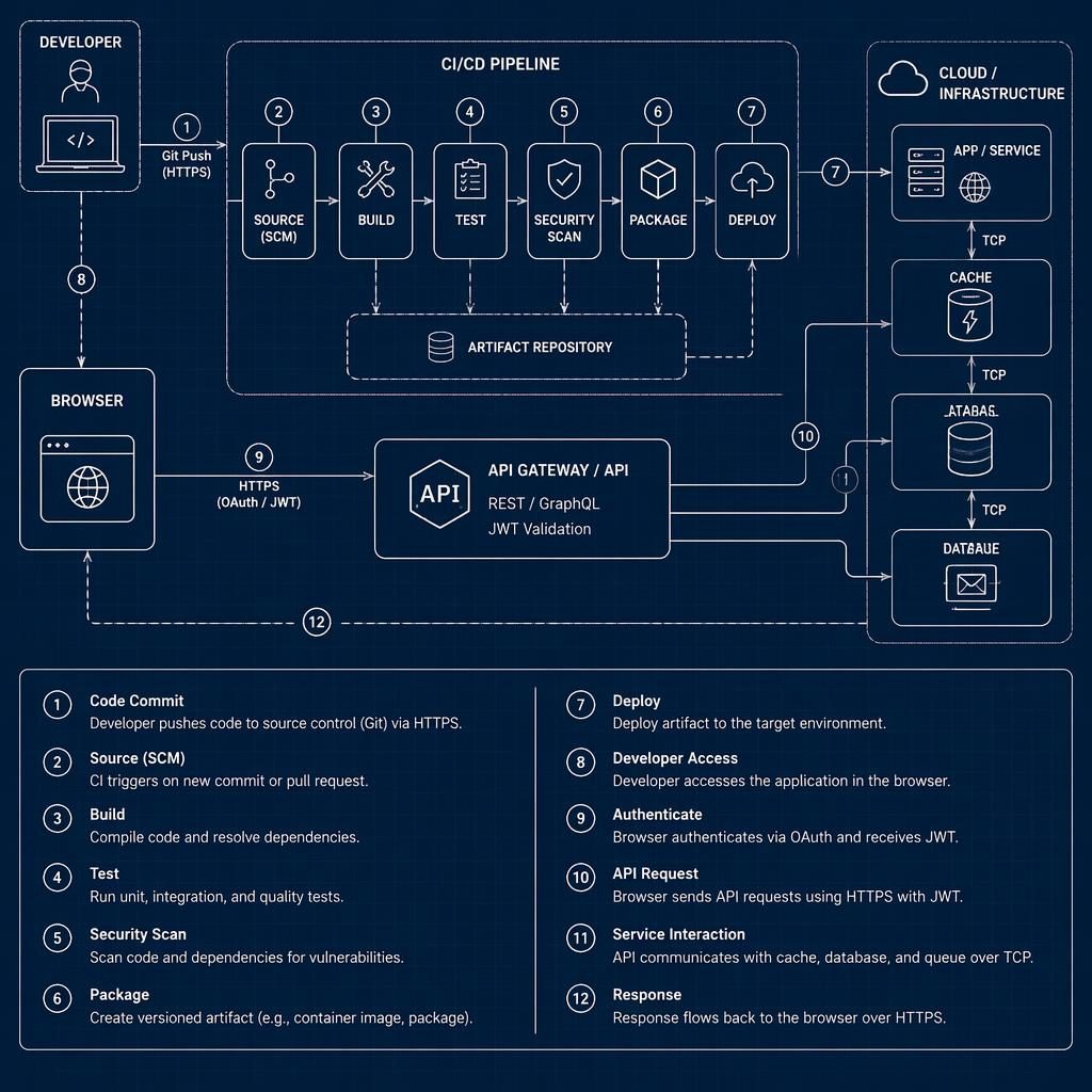 Monochrome blueprint diagram of CI/CD pipeline stages with labeled boxes, arrows, cloud icons, and numbered lifecycle legend.