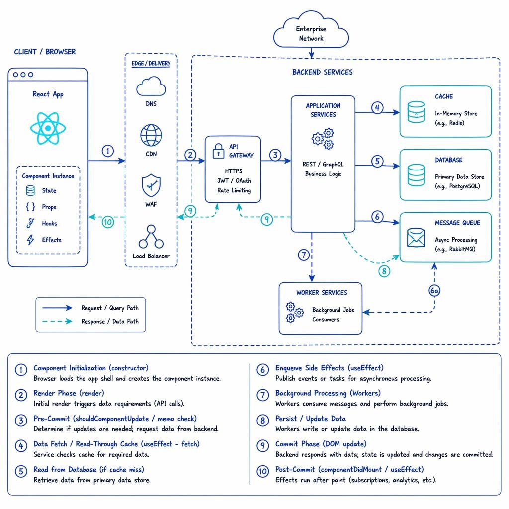 Hand-drawn whiteboard infographic in cool blue and cyan showing browser, API, DB, cache, and queue boxes linked by arrows.