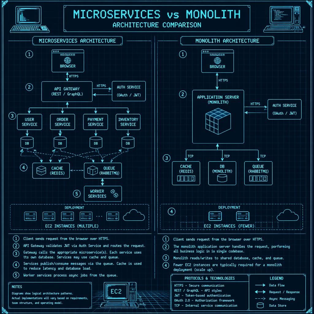 Retro cyan blueprint infographic comparing monolith and microservices with browser, API, DB, cache, queue, arrows, and legend