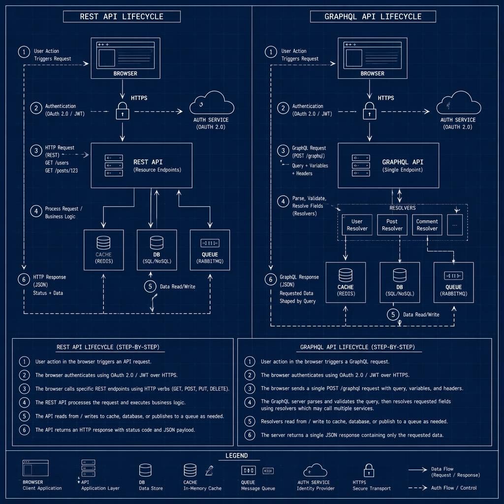 Minimal monochrome blueprint diagram comparing REST vs GraphQL with browser, API, DB, cache, queue, arrows, and lifecycle legend.