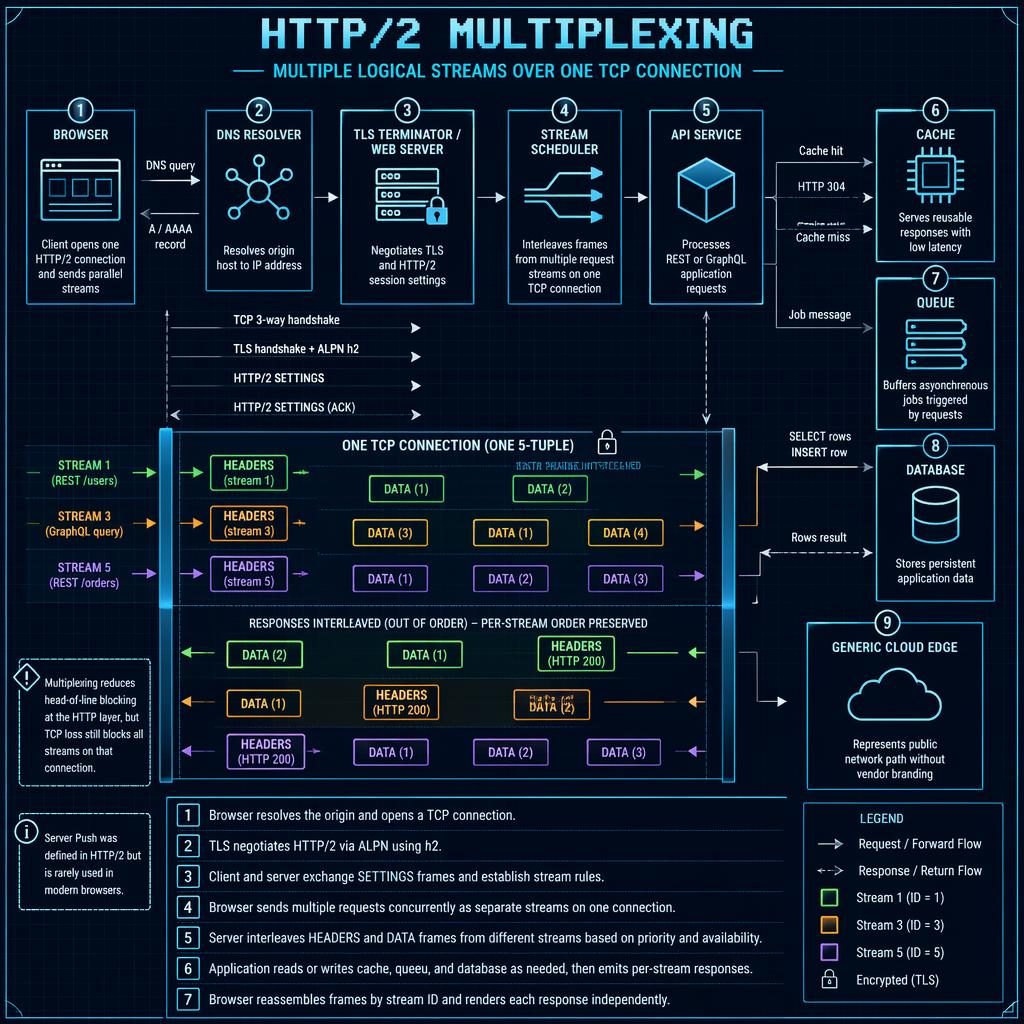 Retro blueprint-style network figure of HTTP/2 multiplexing over one TCP connection with streams, arrows, legend, cache, queue, and database.