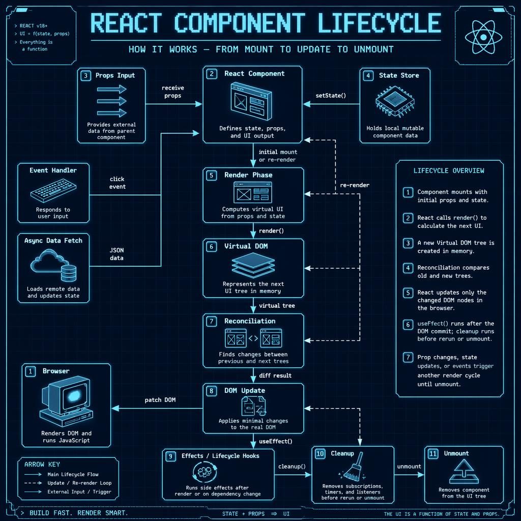Blueprint-style React component lifecycle infographic with boxes, arrows, legend, browser, virtual DOM, effects, cleanup.