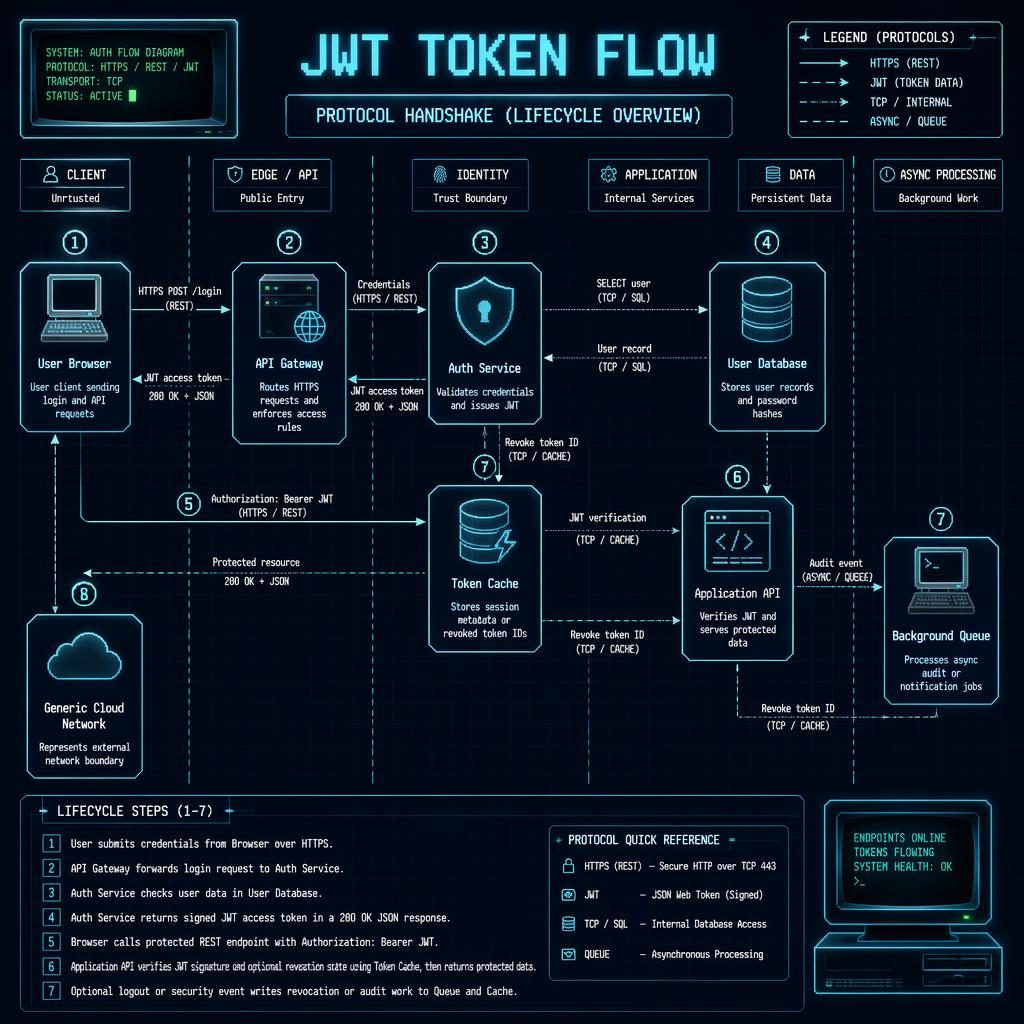 Retro blueprint-style JWT token flow infographic with numbered boxes, arrows, trust zones, and protocol labels.