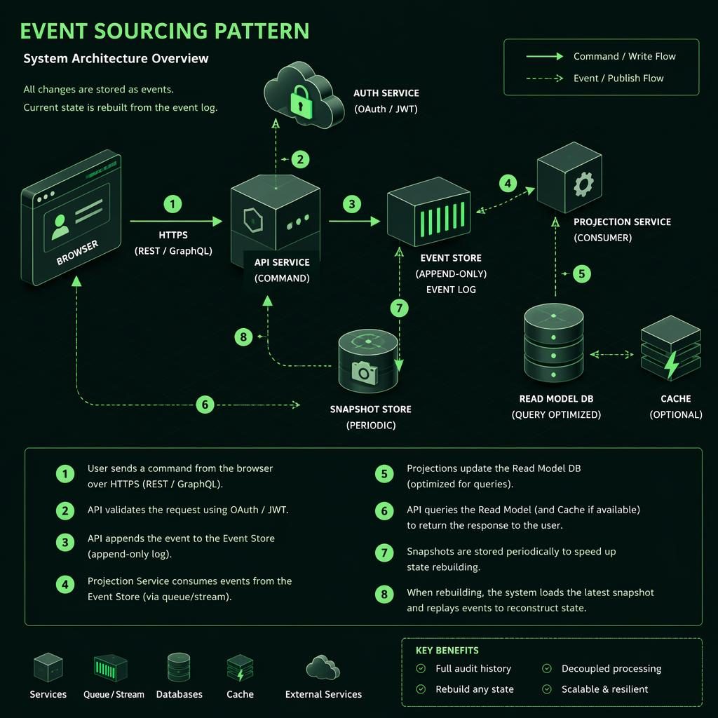 Isometric green tech diagram showing browser, API, queue, cache, and database with arrows and numbered lifecycle flow.