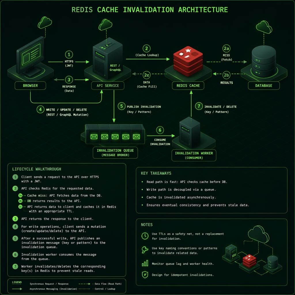 Isometric green tech diagram with browser, API, DB, cache, and queue boxes linked by arrows and a numbered legend.