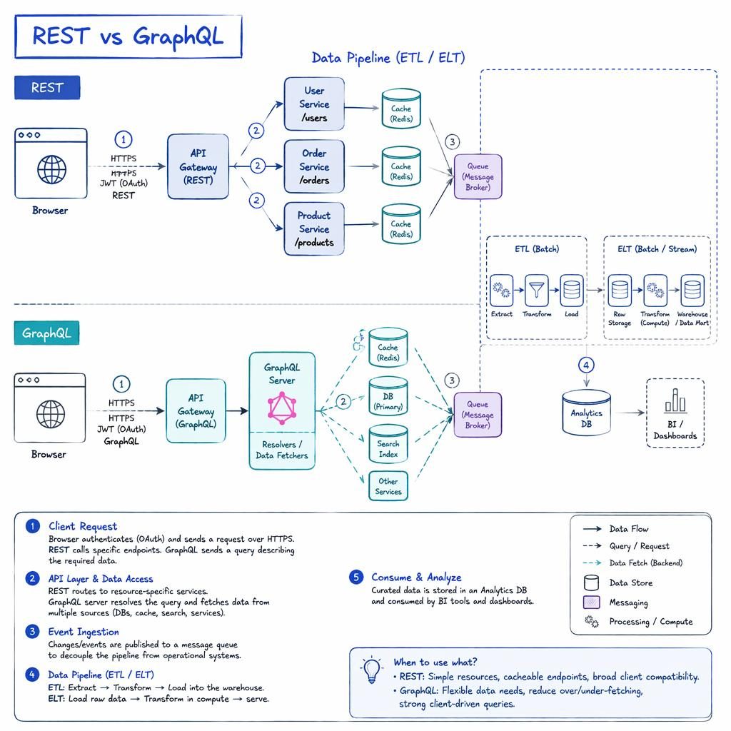 Hand-drawn whiteboard infographic comparing REST vs GraphQL in a data pipeline with browser, API, DB, cache, queue and arrows.