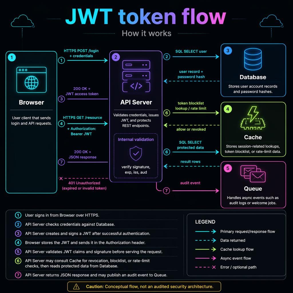 Dark-mode tech infographic showing JWT token flow with Browser, API Server, Database, Cache, Queue, arrows, legend 1-7.