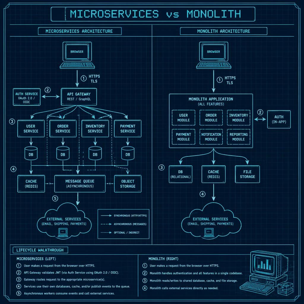Retro cyan blueprint diagram comparing monolith and microservices with browser, API, DB, cache, and queue boxes linked by arrows