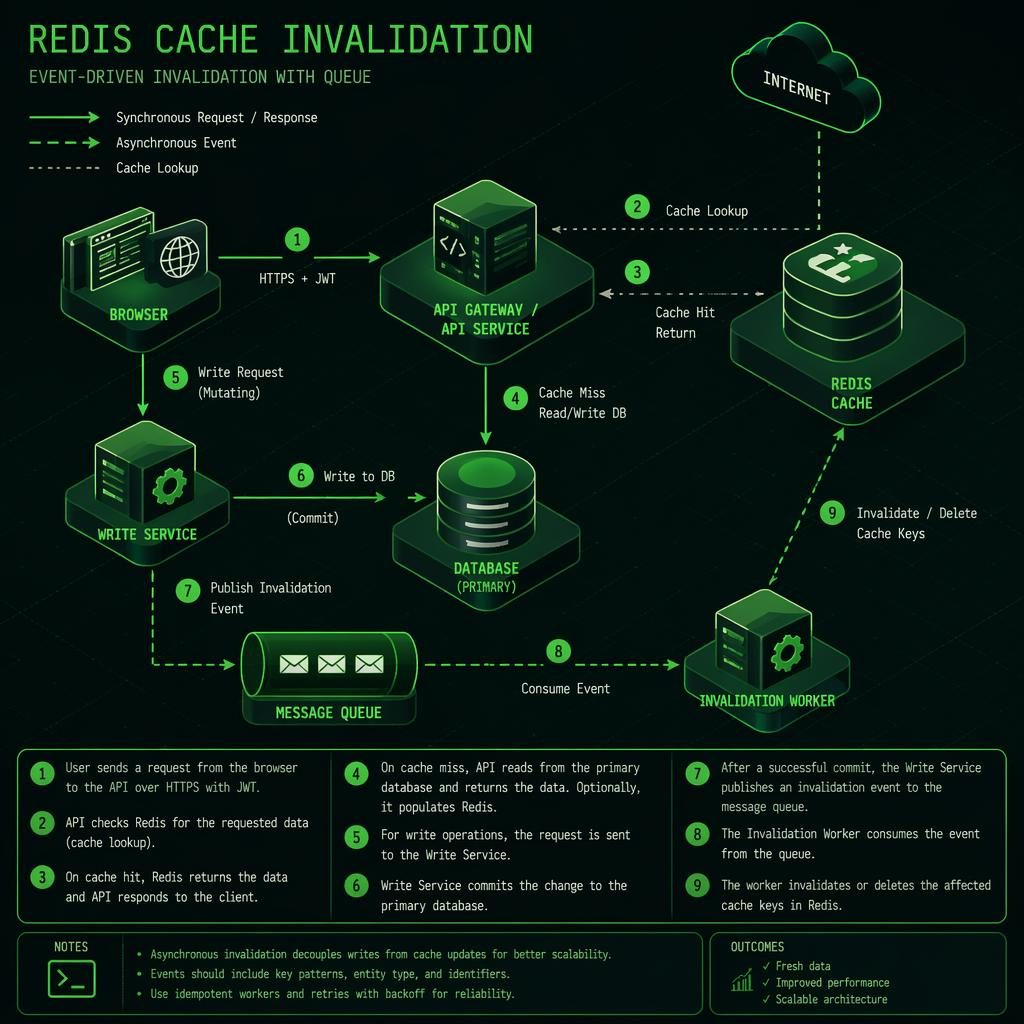 Isometric green tech diagram with browser, API, Redis cache, DB, and queue boxes linked by arrows and numbered steps.