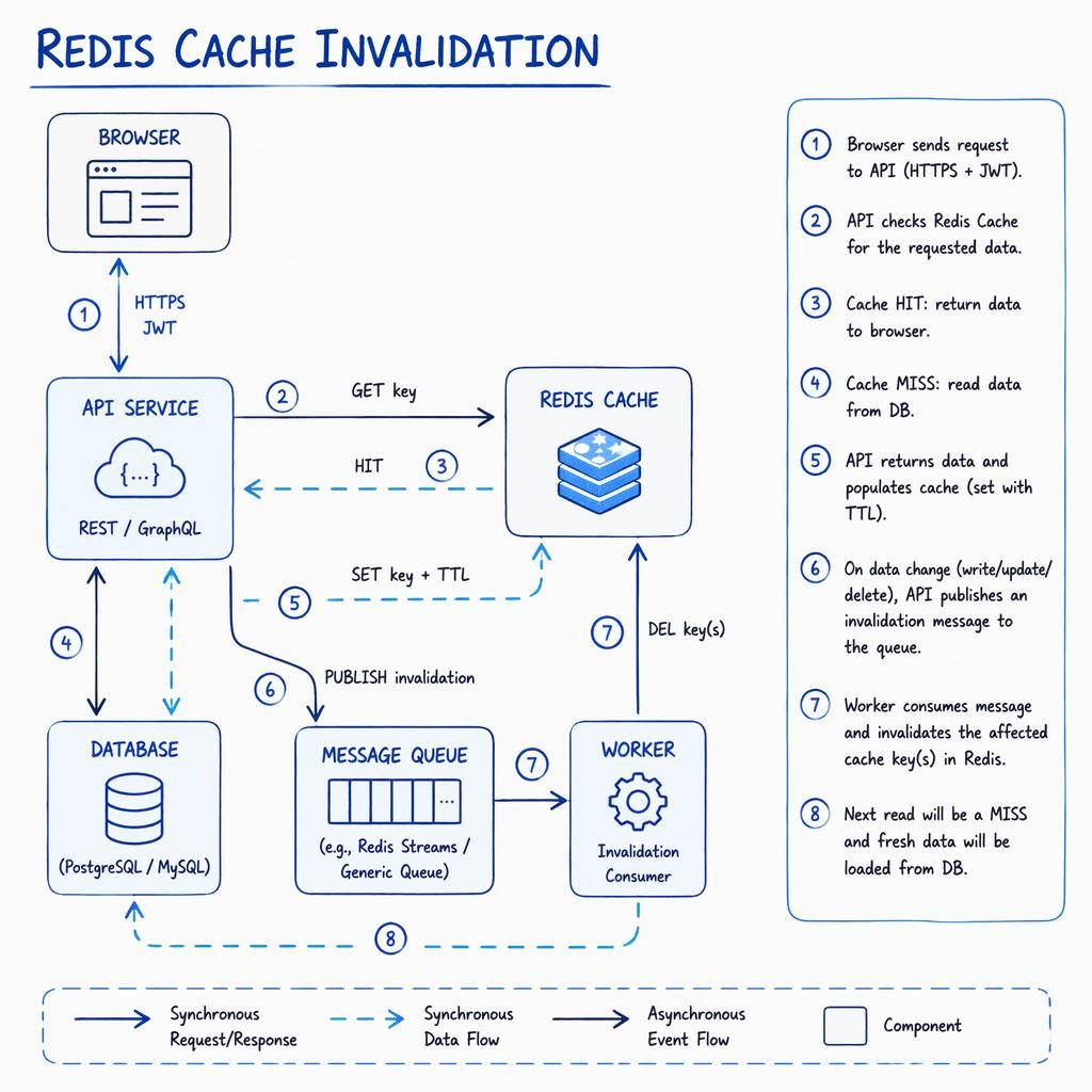 Hand-drawn whiteboard-style tech diagram showing browser, API, DB, cache, and queue boxes linked by arrows with a numbered lifecycle legend.
