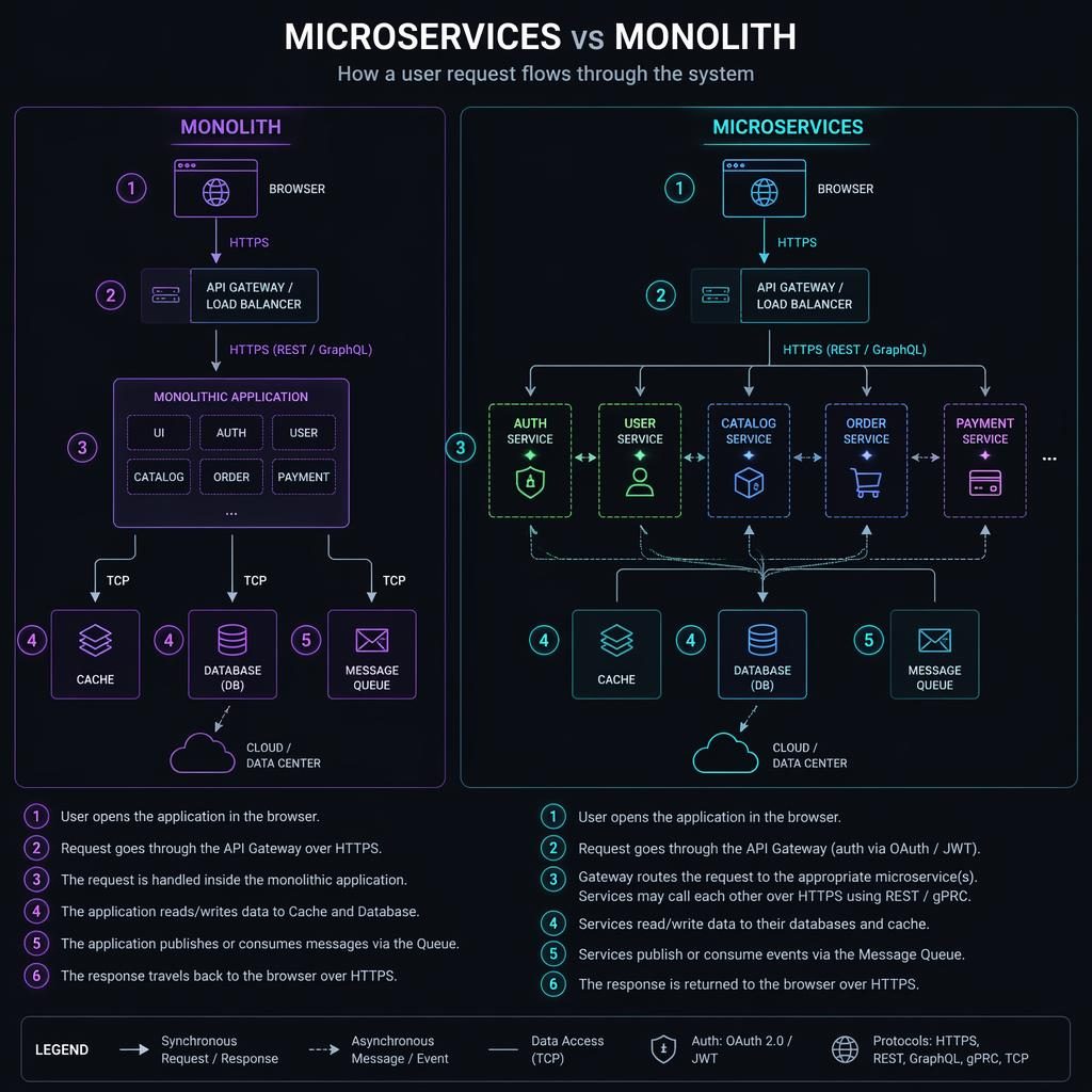 Dark-mode neon architecture infographic comparing monolith and microservices with browser, API, DB, cache, queue and arrows