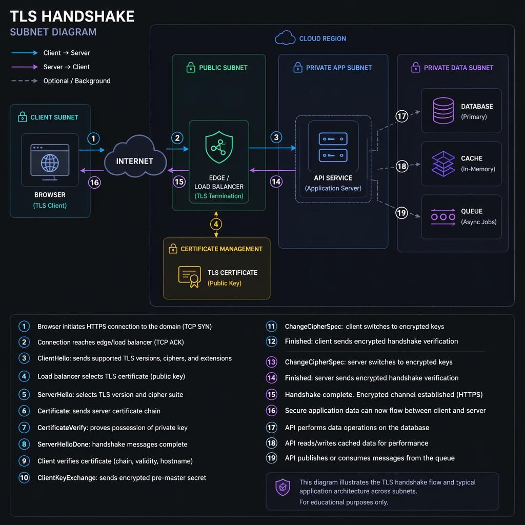 Dark-mode neon tech diagram of a TLS handshake with browser, API, DB, cache, and queue boxes linked by arrows and numbered steps.