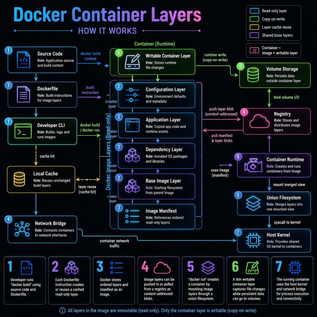 Dark-mode infographic showing Docker image and container layers with arrows, registry, cache, volumes, kernel, and network.