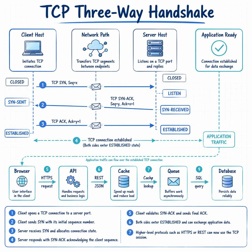 Hand-drawn blue tech infographic showing TCP three-way handshake with client, network path, server, states, arrows, and app flow