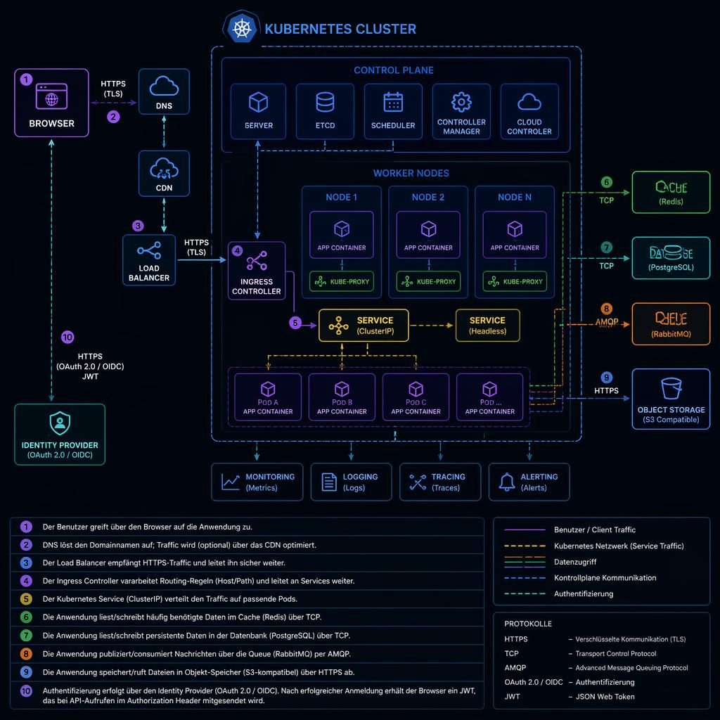 Dunkles Kubernetes-Netzwerkdiagramm mit generischen Cloud-Icons, Boxen für Browser, API, DB, Cache und Queue, Pfeilen und Nummern
