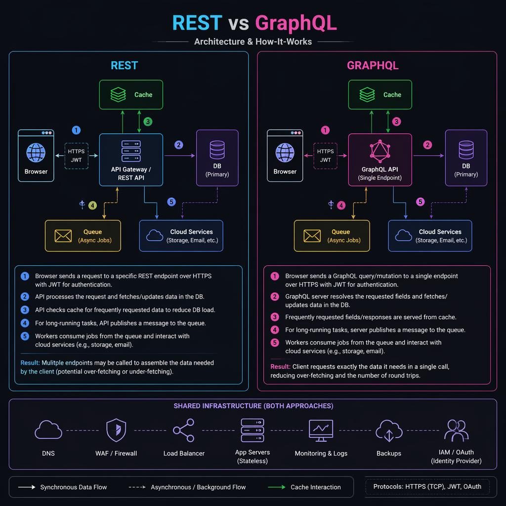 Dark-mode neon architecture infographic comparing REST vs GraphQL with browser, API, DB, cache, queue, arrows, and steps.
