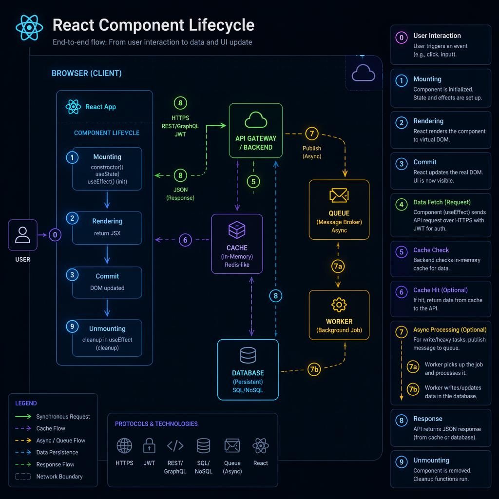 Dark-mode neon infographic of a React component lifecycle with numbered boxes, arrows, generic cloud icons, API, DB, cache, and queue.