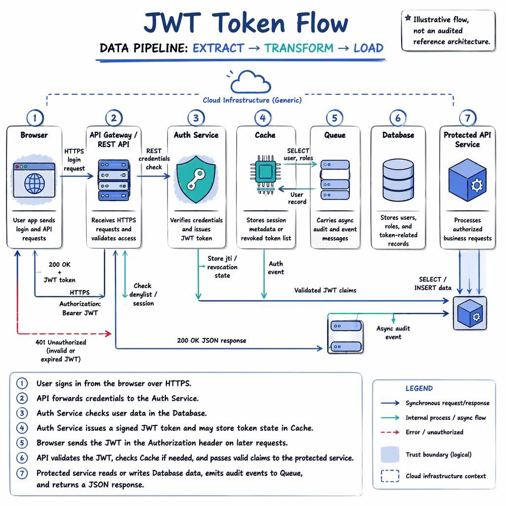 Infografía estilo pizarra con flujo JWT de izquierda a derecha entre navegador, API, auth, caché, cola y base de datos.