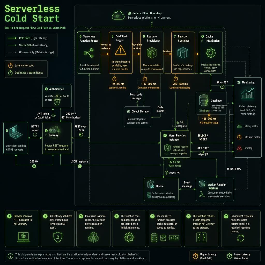 Isometric serverless cold start infographic with API gateway, auth, runtime, cache, queue, database, storage, and monitoring.
