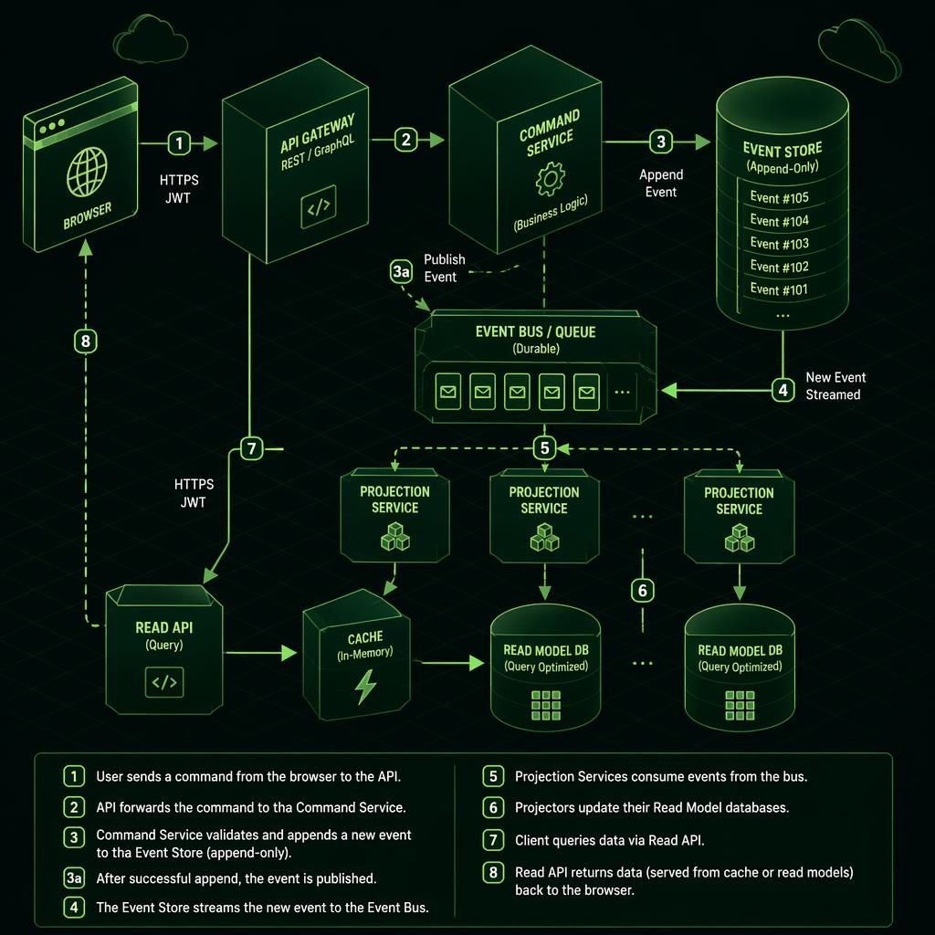 Isometric green tech diagram showing browser, API, queue, cache, and database with arrows for an event sourcing flow.