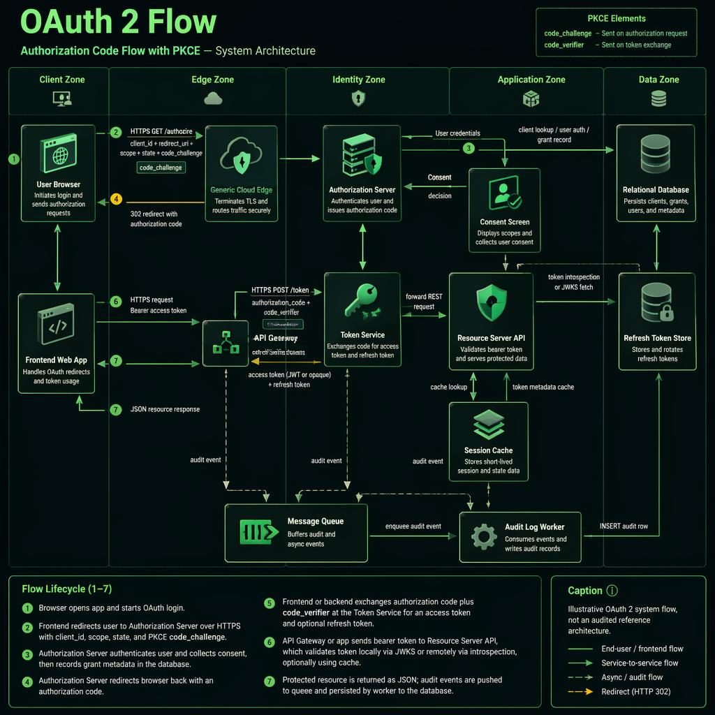 Isometric OAuth 2 flow network drawing with labeled services, arrows, PKCE callouts, zones, and green terminal-style UI.