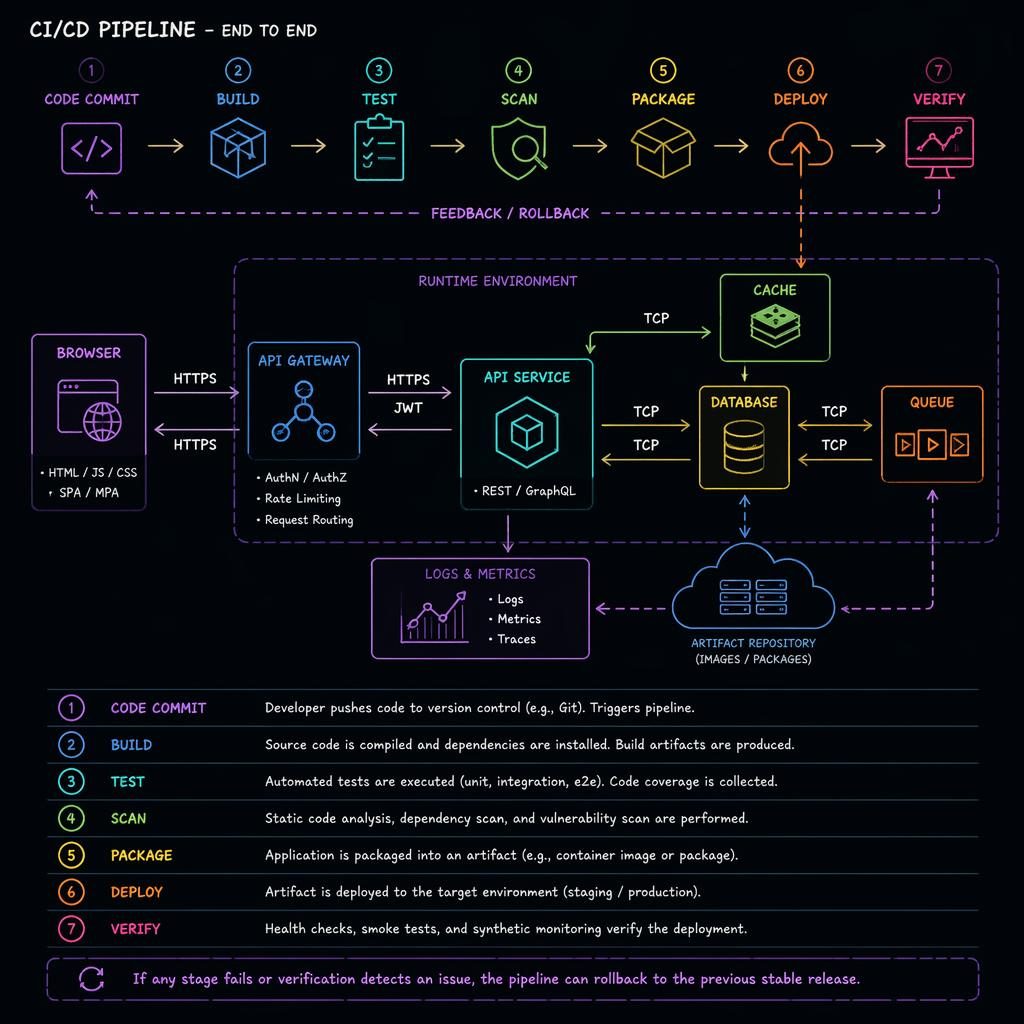 Dark-mode neon tech diagram showing CI/CD pipeline stages with labeled browser, API, DB, cache, and queue boxes linked by arrows.