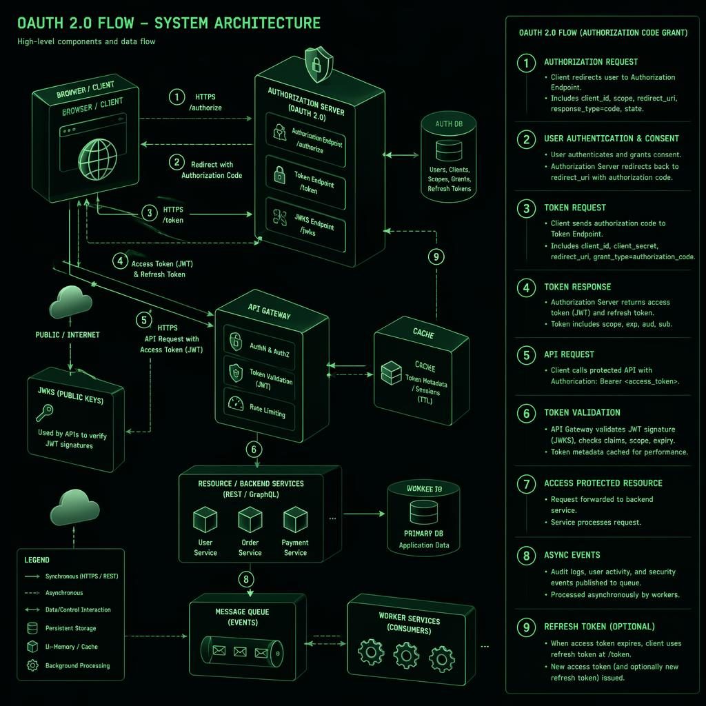 Isometric green tech diagram of an OAuth 2 flow with browser, API, DB, cache, queue, arrows, clouds, and numbered legend.