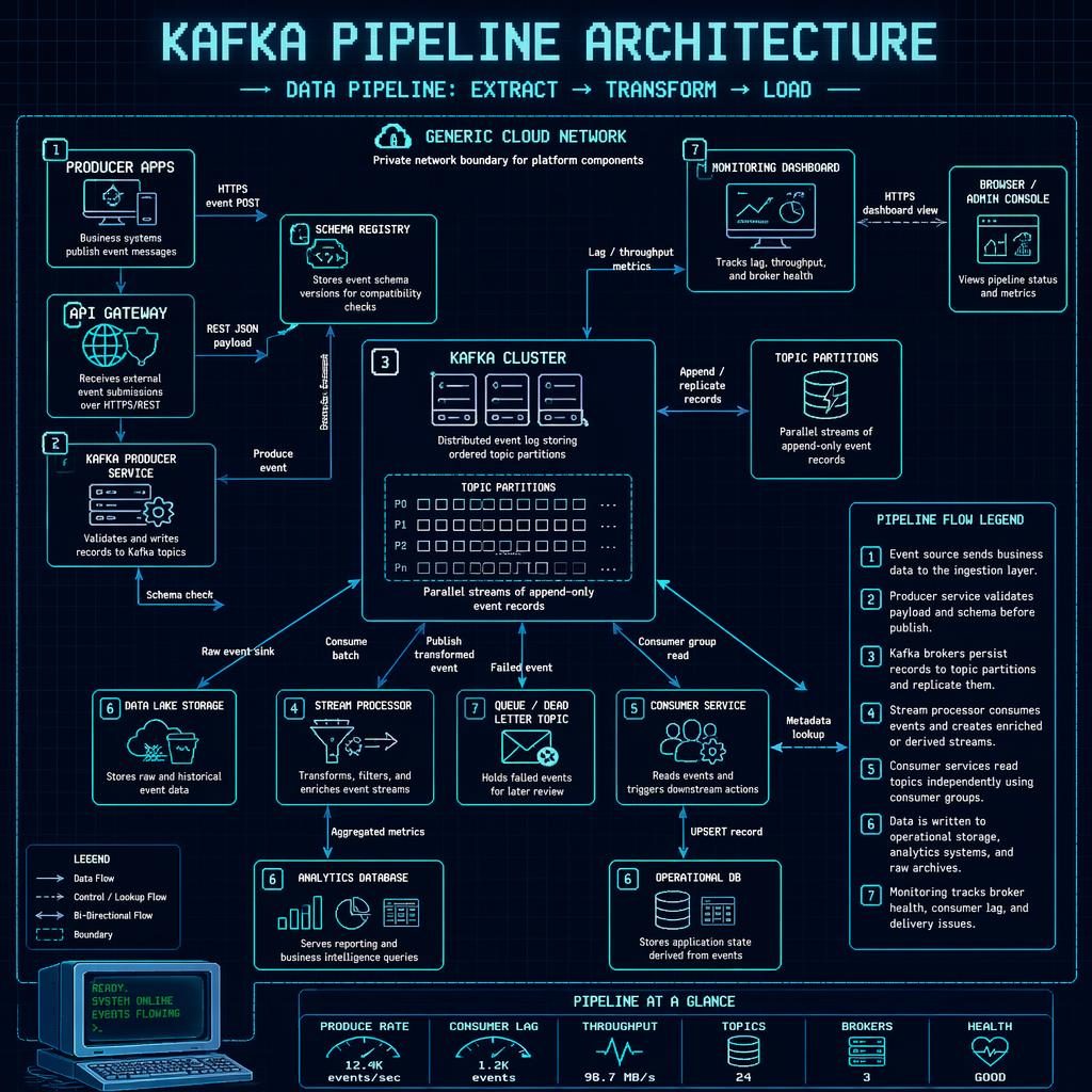 Executive-friendly Kafka pipeline architecture infographic in blueprint cyan style with Kafka cluster, partitions, producers, consumers, storage, and monitoring.