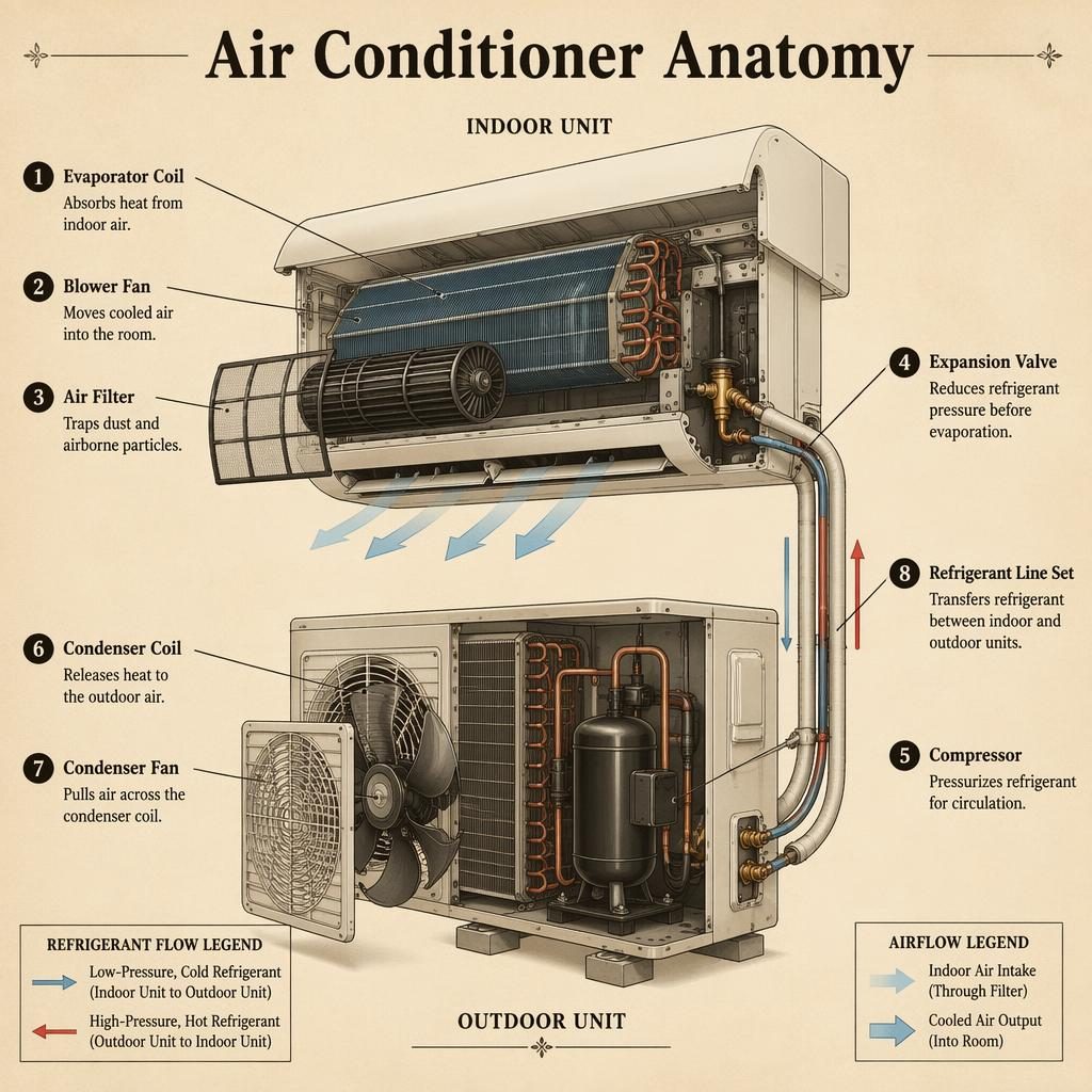 Sepia exploded-view diagram of a split-system air conditioner with 8 labeled parts, airflow arrows, and refrigerant flow lines.