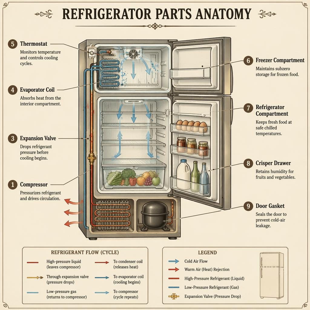 Vintage-style refrigerator anatomy infographic with 9 labeled parts, flow arrows, legend box, and sepia technical cutaway.